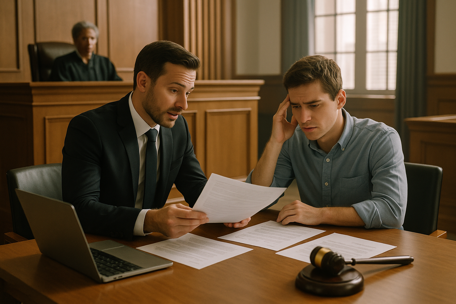 Юрист и клиент в зале суда