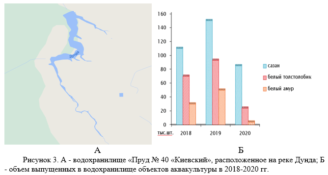 А - водохранилище «Пруд № 40 «Киевский», расположенное на реке Дунда; Б - объем выпущенных в водохранилище объектов аквакультуры в 2018-2020 гг.