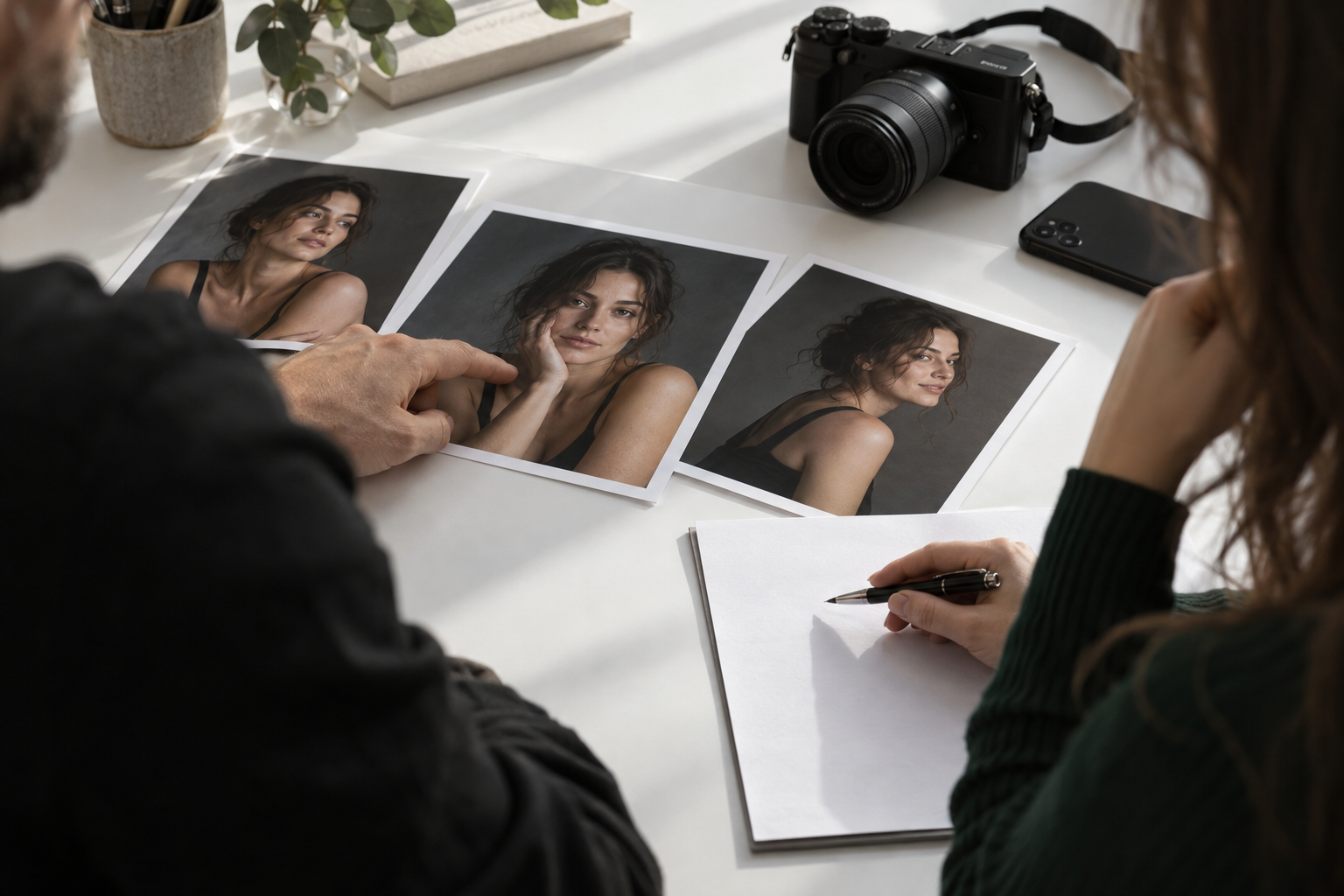 Ilustracja: fotograf i klientka wybierają portrety przed publikacją.