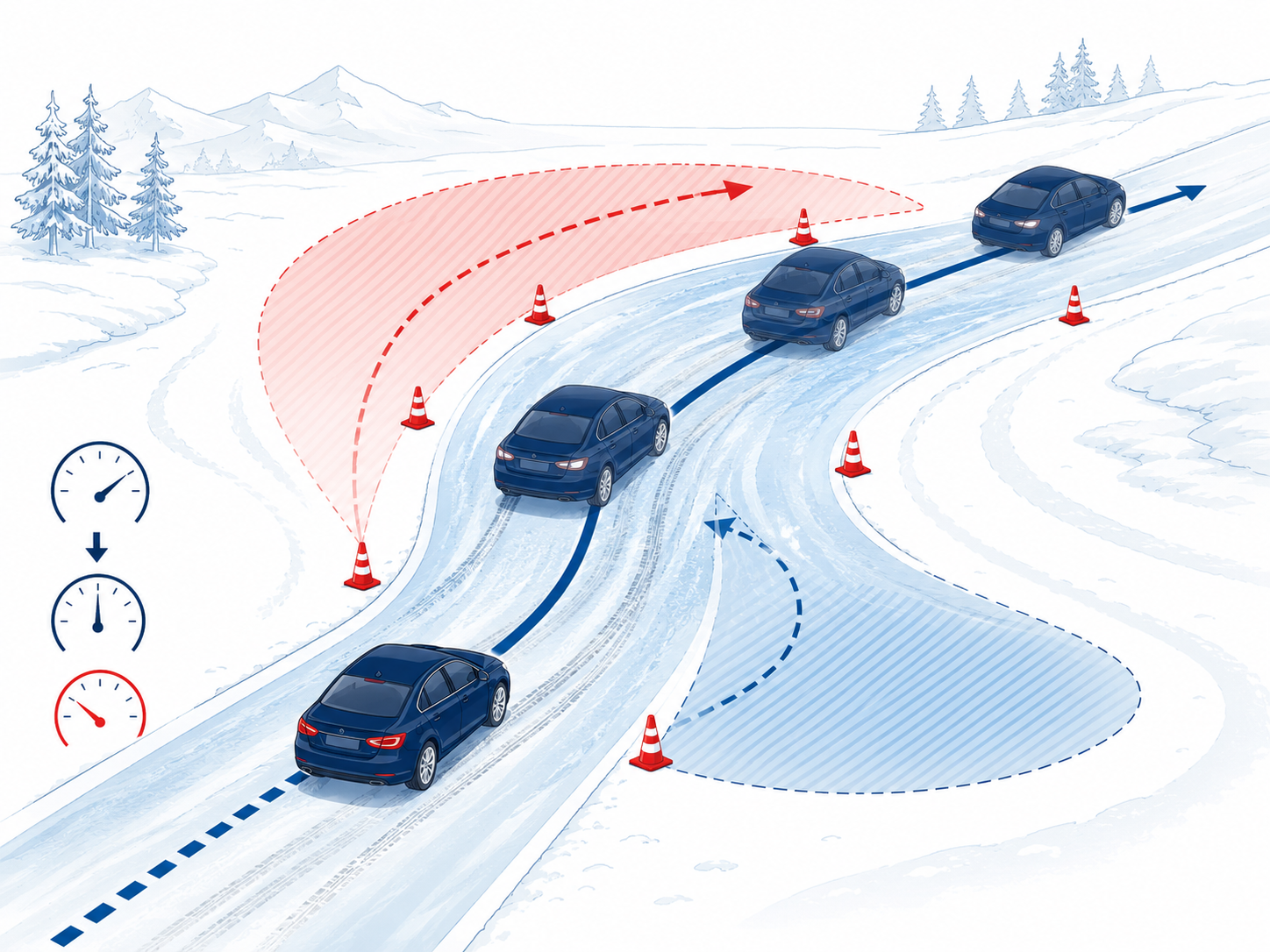 Автомобиль безопасно проходит зимний поворот на скользком покрытии с контролем траектории