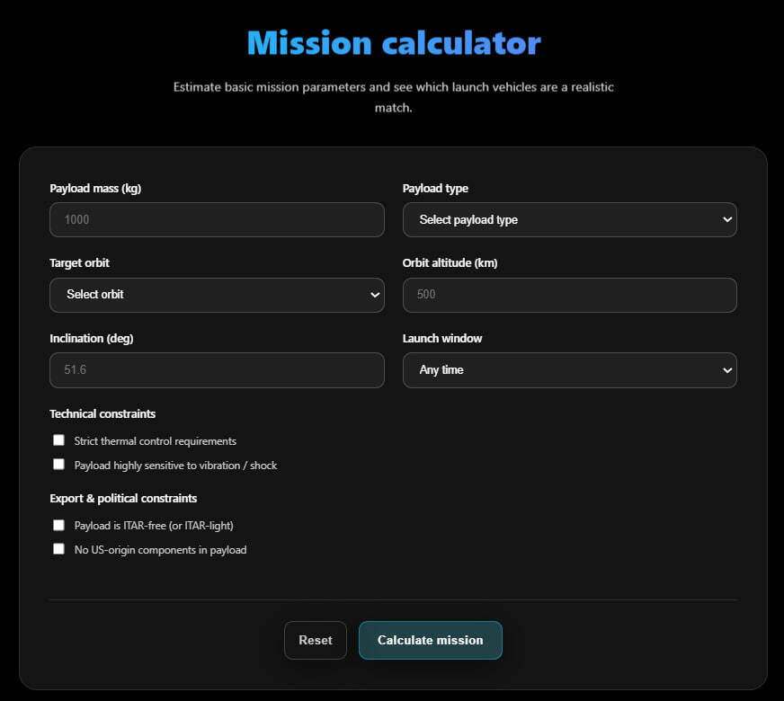 Mission Calculator Interface