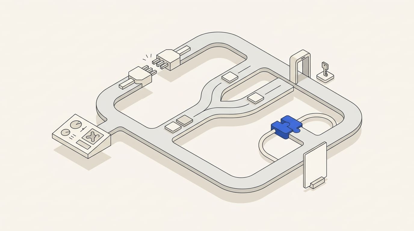 A bot linked to a testing loop, connector, merging events, key and inspection sheet.