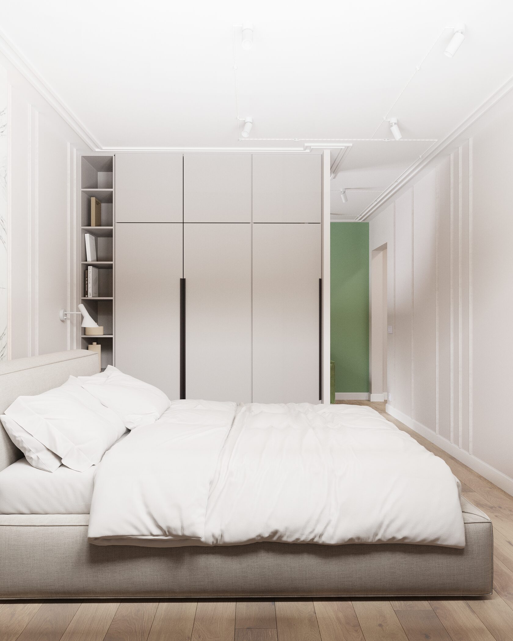 спальня с кроватью и зеленая стена