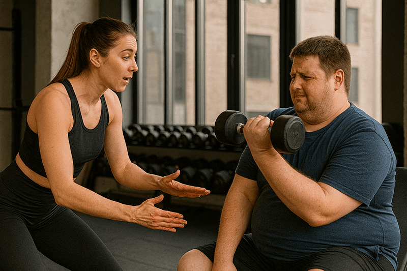 Тренер помогает клиенту с избыточным весом выполнять упражнение с гантелью, поддерживая и направляя его. Визуал подчеркивает идею, что не все клиенты суперзамотивированы — важно уметь работать с разными типами людей.