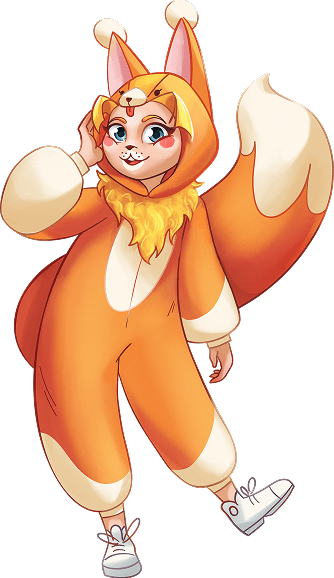 An illustration of a red-haired girl dressed as a cute squirrel for a play
