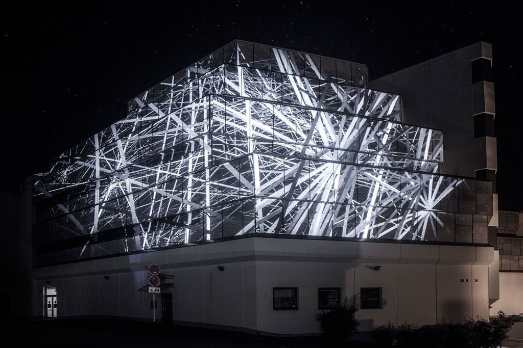 video projection on the facade of a shopping center for the New Year