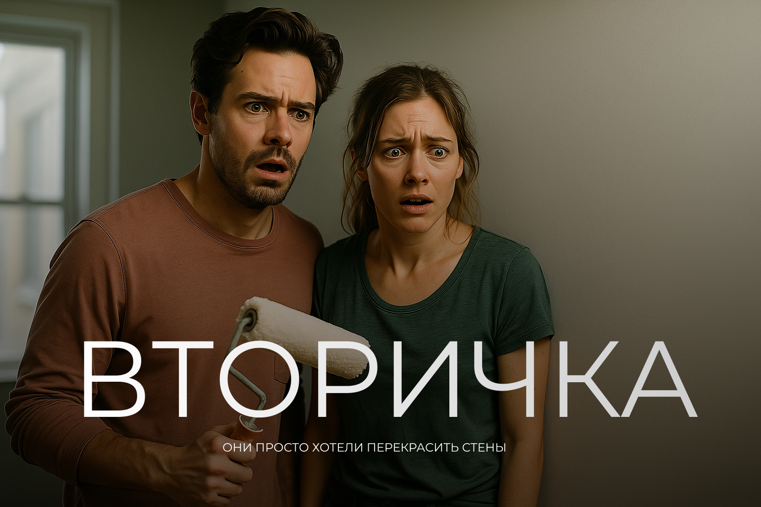 Молодая пара с валиком для краски в ужасе смотрит на стену в своей квартире. На их лицах шок и разочарование.