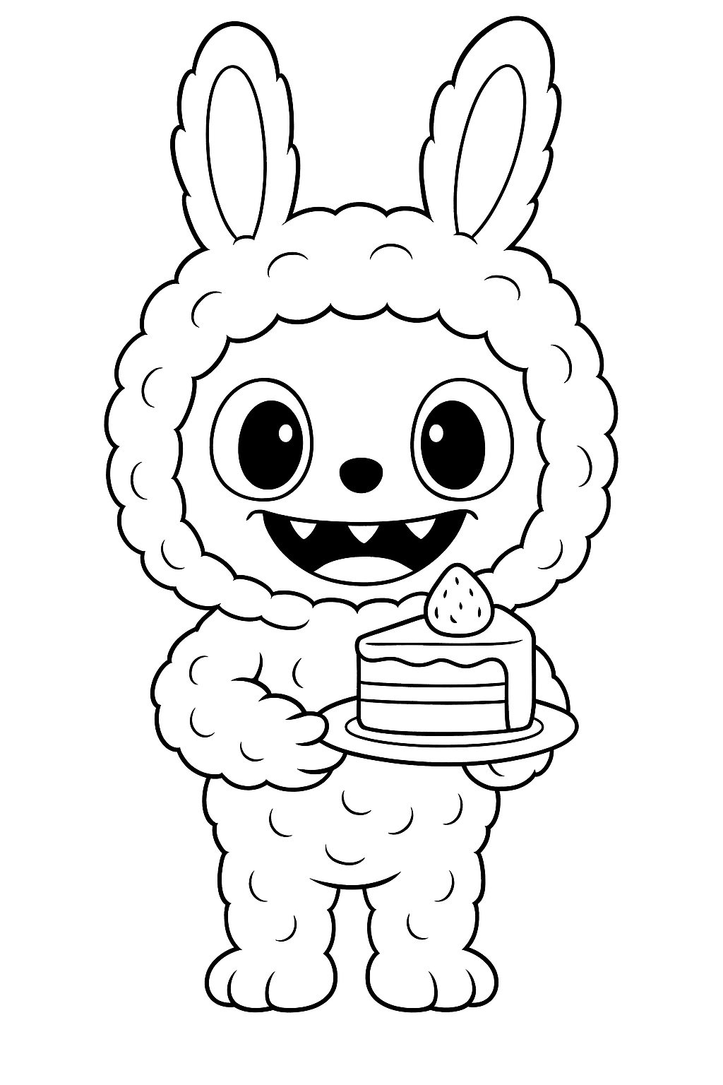 Черно-белая раскраска: персонаж Labubu в пушистом костюмчике с ушками стоит и держит на тарелке кусок торта с клубникой сверху