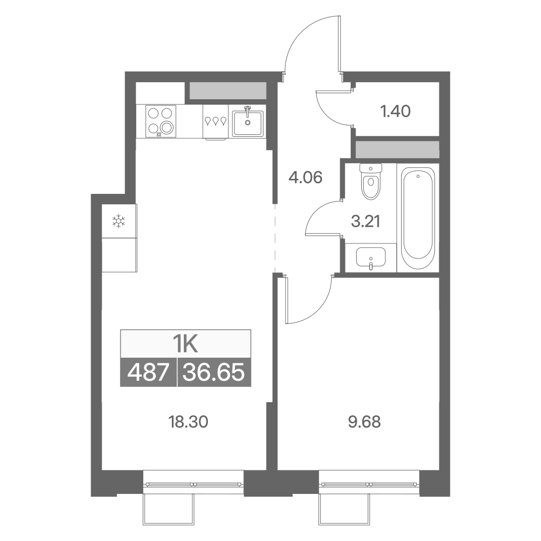 Планировка однокомнатной квартиры 36.65 м² в ЖК Новая Львовская