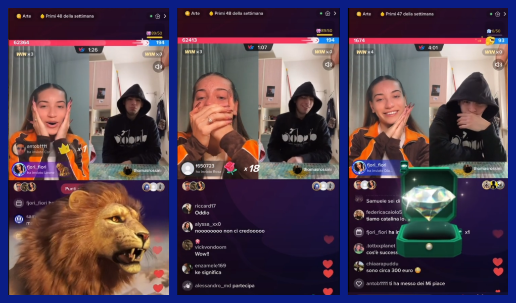 TikTok users send Gifts because they want to see creators’ emotions. The screenshot shows a match between two creators: the left one has earned two expensive gifts. She is left completely speechless. 