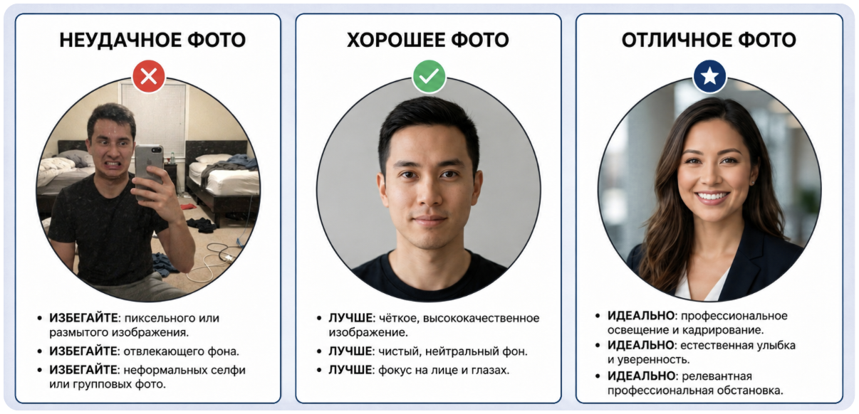 Фото для LinkedIn: четкое лицо, нейтральный фон, открытая улыбка.