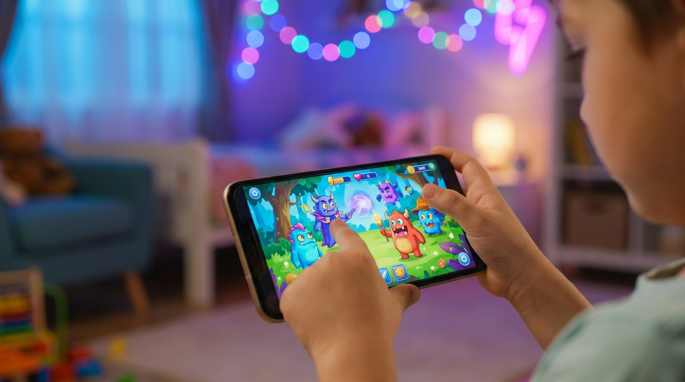 Руки ребенка держат смартфон с игрой на фоне неоновой комнаты