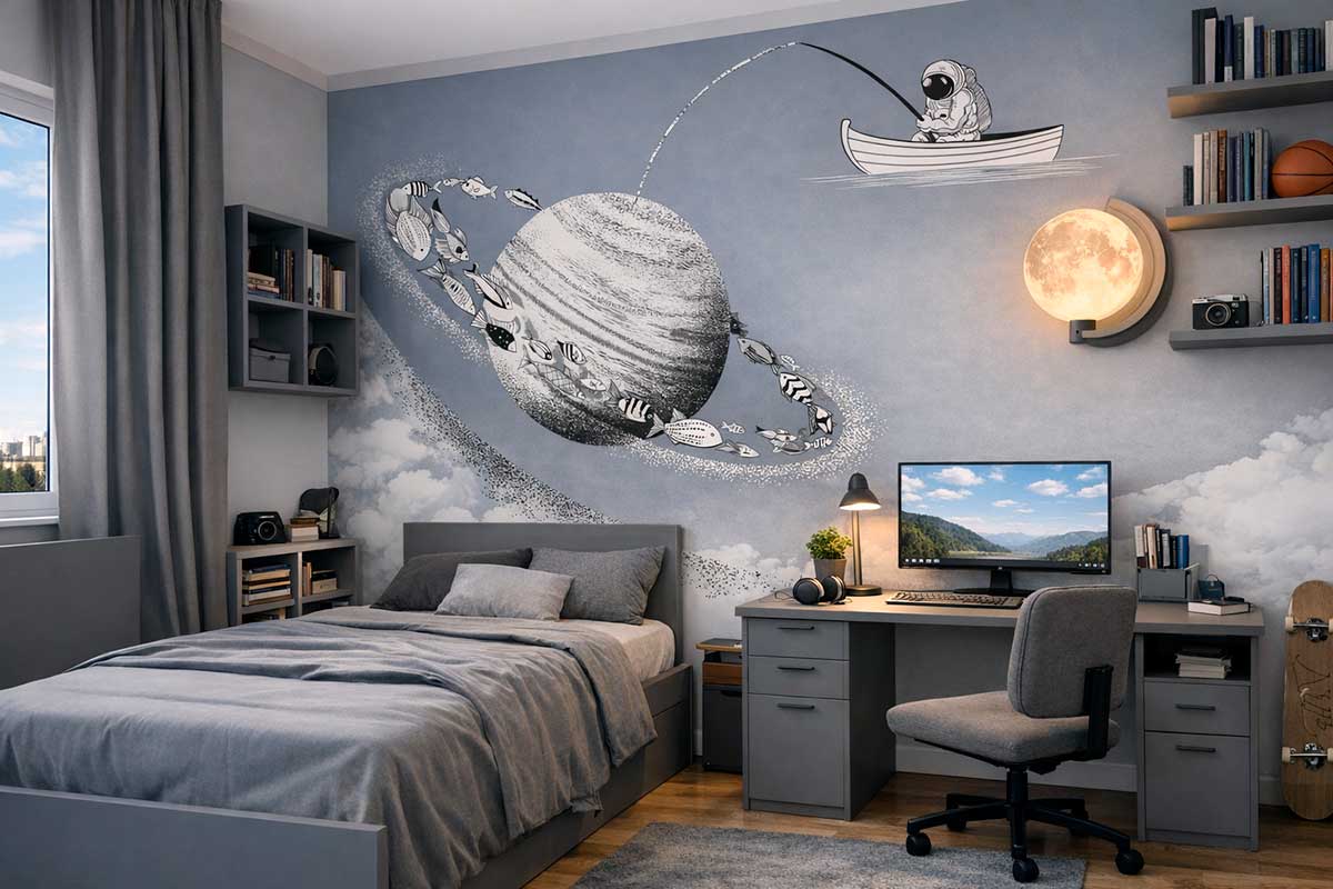 Фотообои «Космическая рыбалка» серые в интерьере комнаты подростка с космической планетой и космонавтом
