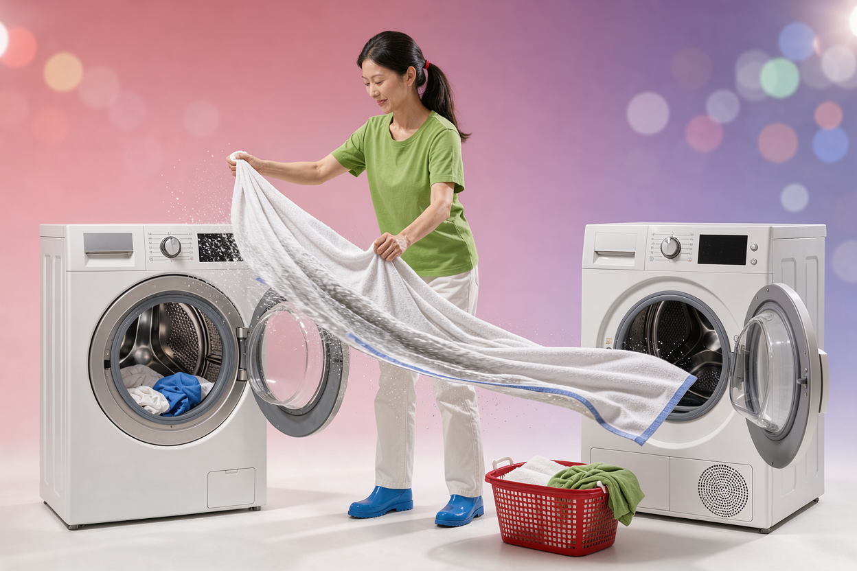 Person shaking a wet terry towel over a washing machine before transferring it to the dryer, focus on motion and towel texture, no brand labels
