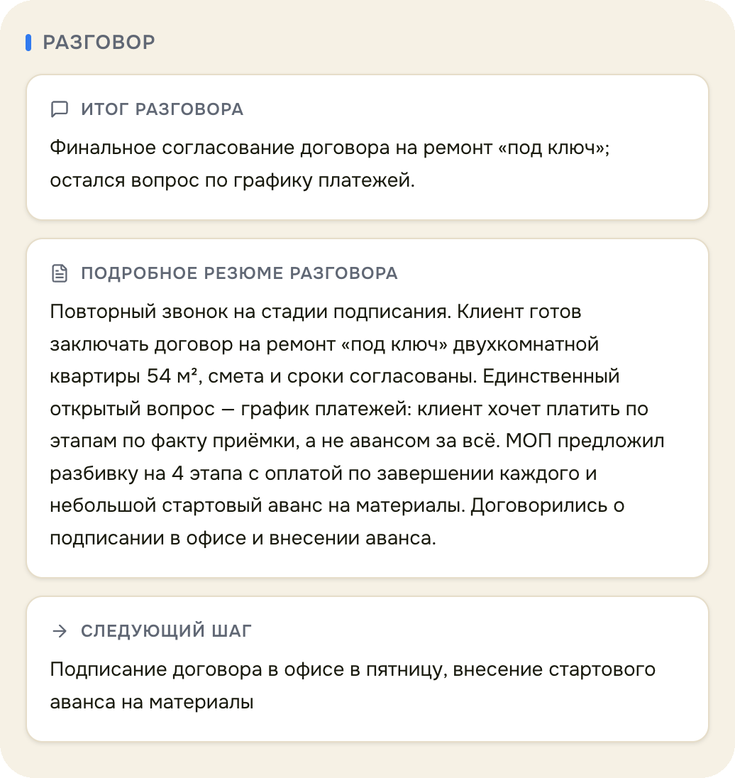 Резюме расшифровки звонка для карточки сделки в CRM