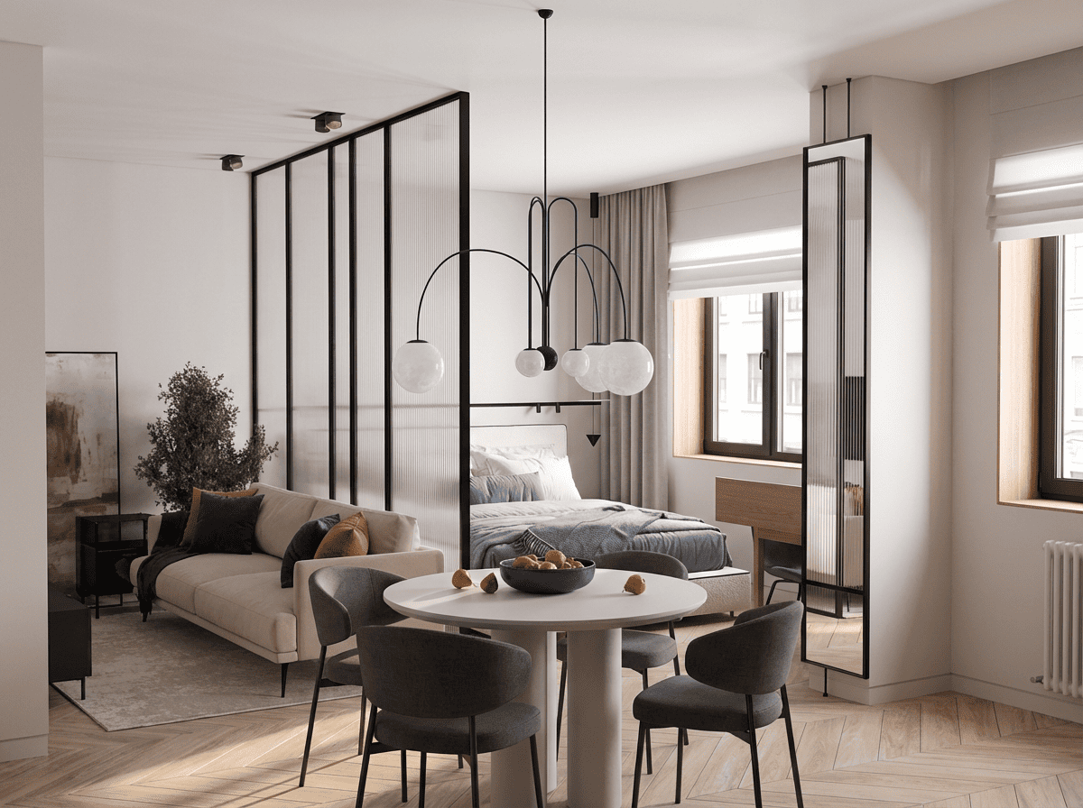 Капитальный ремонт однокомнатной квартиры 30 кв м: спальная ниша с декоративной перегородкой, встроенное хранение, современный интерьер