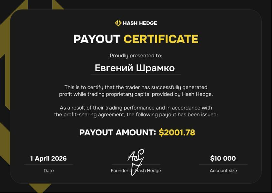 Evgeny's $2,000 payout certificate from Hash Hedge