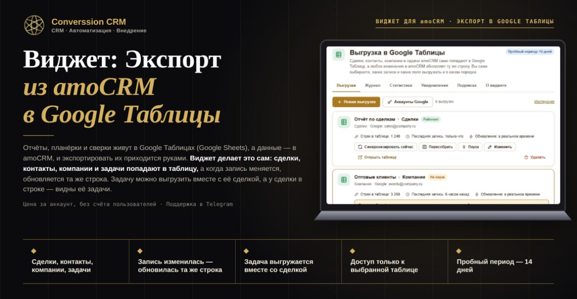 Виджет «Экспорт в Google Таблицы»: сделки, контакты и задачи в таблице, строка обновляется сама