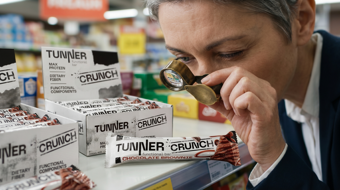 Женщина в супермаркете изучает протеиновые батончики Tunner Crunch с лупой выбирая функциональное питание