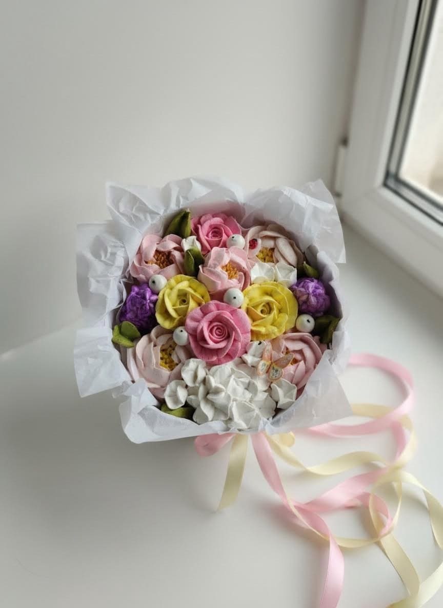 Художественные цветы из зефира в шляпной коробке с окном, диаметр 21 см 3