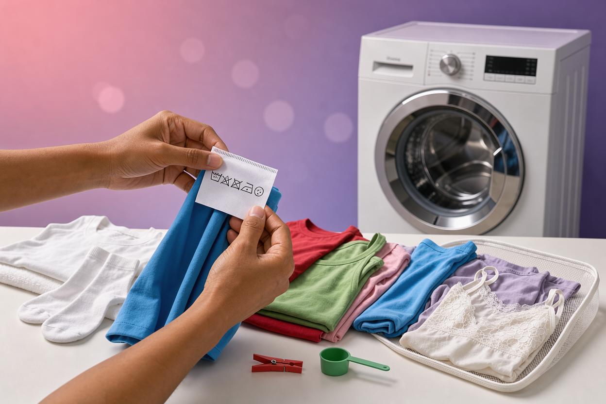 Hands sorting laundry into separate piles for whites, colors and delicates while holding a garment care label near a washing machine