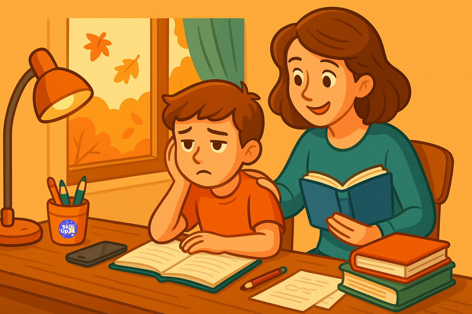Уставший школьник 10–13 лет сидит за столом с учебниками и тетрадями, отвлекается на телефон и смотрит в окно с падающими осенними листьями, рядом родитель мягко поддерживает и помогает вернуться к занятиям