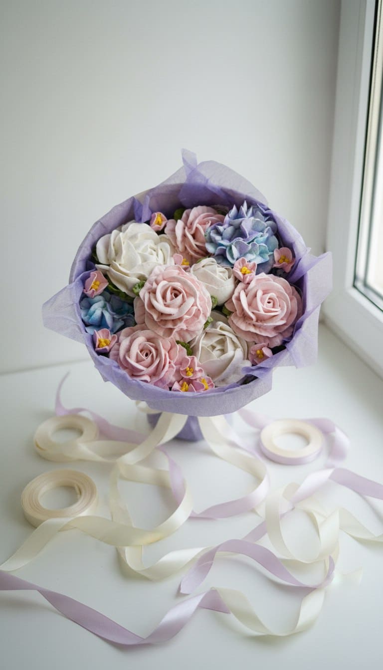 Художественные цветы из зефира в шляпной коробке с окном, диаметр 21 см 4