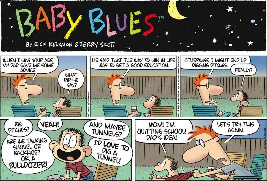 Комикс Baby Blues: отец объясняет сыну важность учёбы, но мальчик воспринимает это буквально — комичная сцена, показывающая живой разговорный английский в комиксах