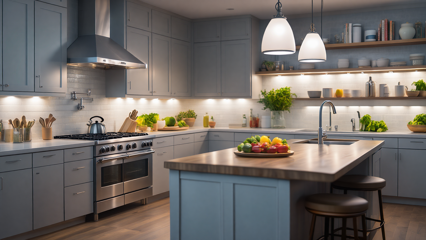 Кухня с островом и нейтральным светом 3500–4000K: яркая подсветка столешниц, подвесы над барной зоной.