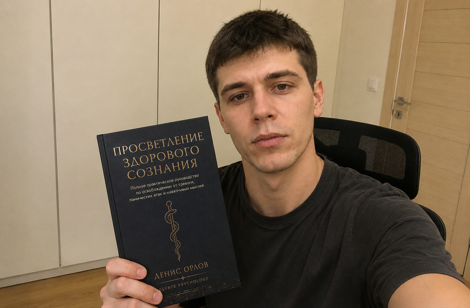 Денис Орлов держит книгу «Просветление здорового сознания»
