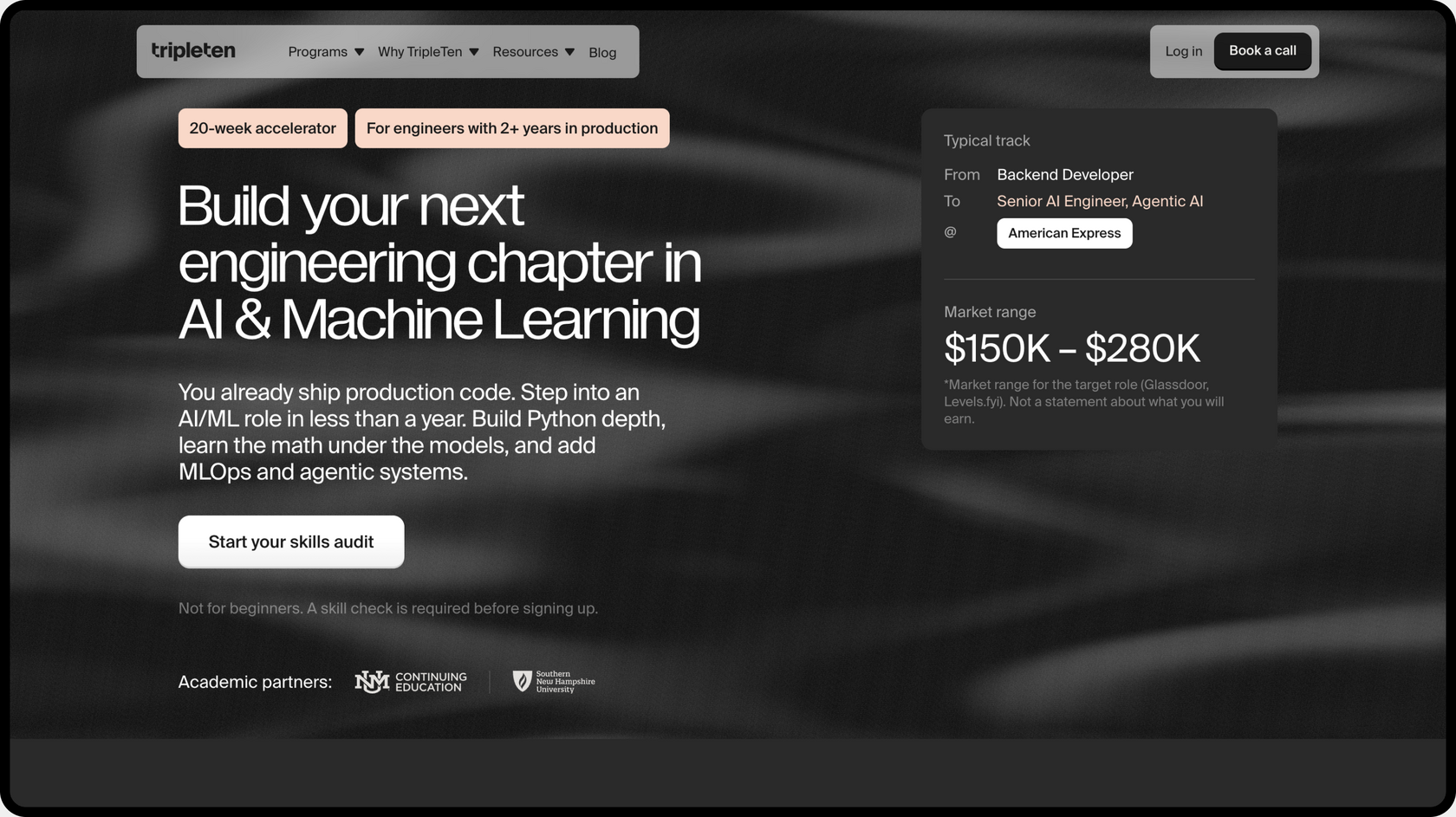 TripleTen AI & Machine Learning program page, &ldquo;Build your next engineering chapter&rdquo;, with a $150K&ndash;$280K salary range
