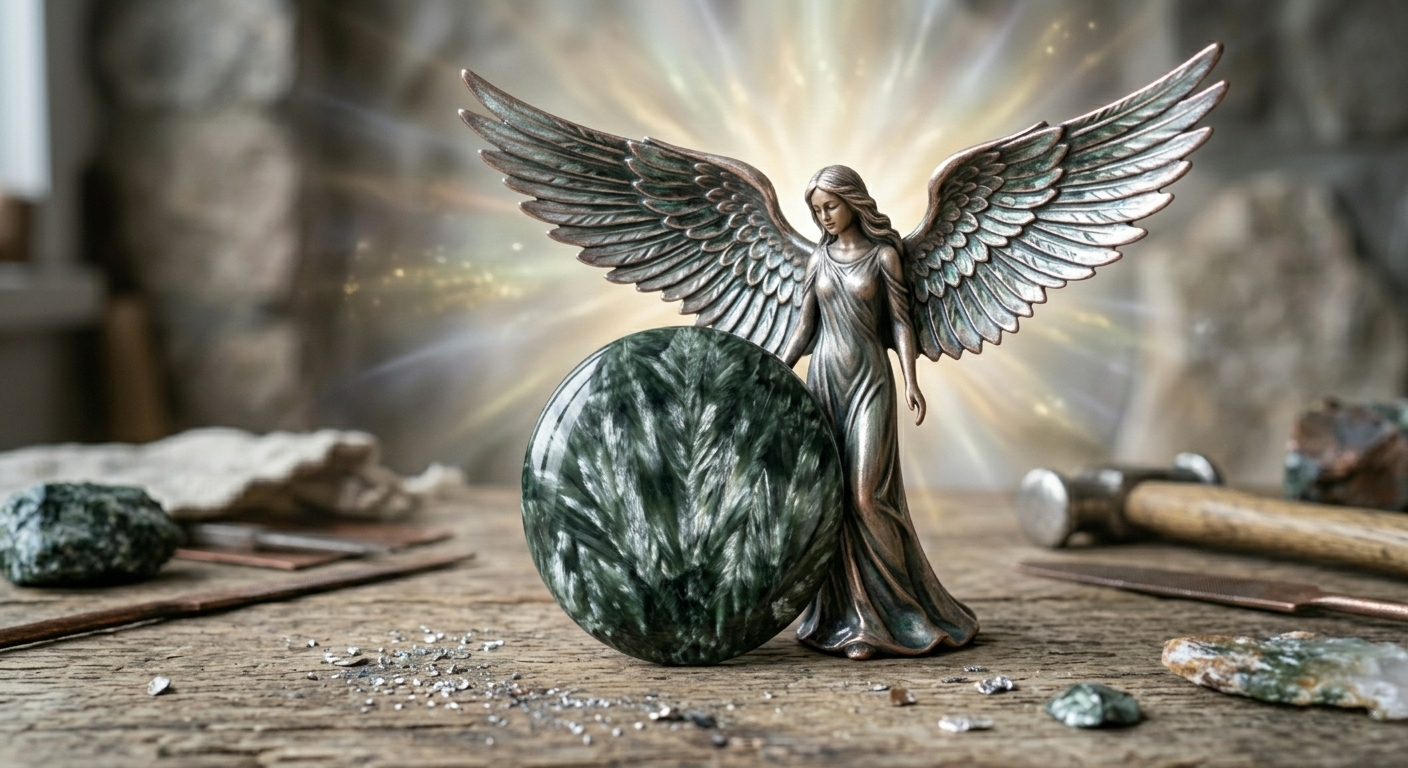 Камень серафинит на фоне фигурки ангела