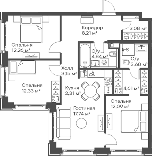 4-комн 84,3 м²