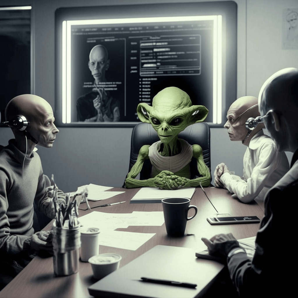 An alien manager teaching a group of alien employees about agile project management principles