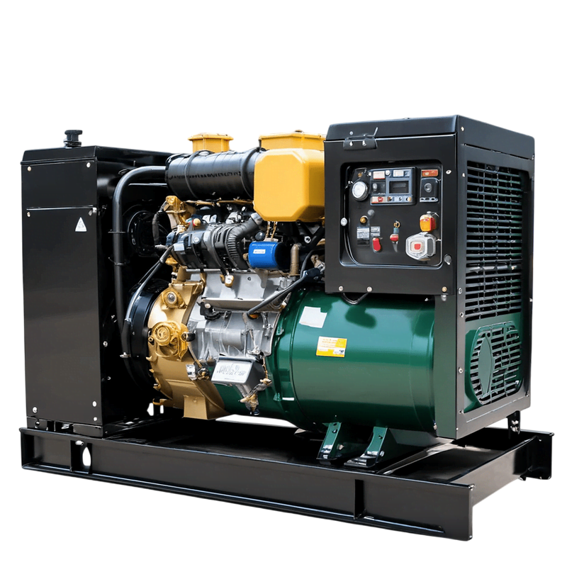 Дизельного генератора зеленого цвета с черным корпусом. Генератор стоит на черном металлическом основании