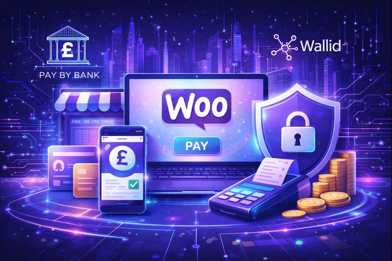 Futuristic illustration of WooCommerce payments showing secure online checkout, pay by bank transactions, and modern UK eCommerce payment infrastructure.