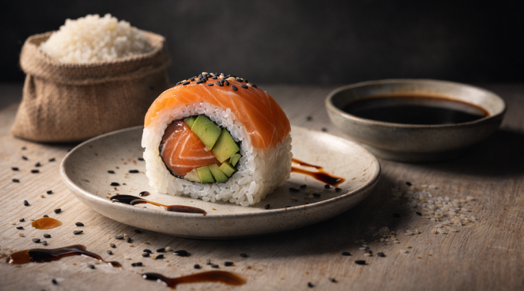 Суши-ролл с лососем и авокадо на керамической тарелке рядом с соевым соусом и миской риса; на заднем плане мешочек с рисом и рассыпанные семена кунжута на деревянном столе.