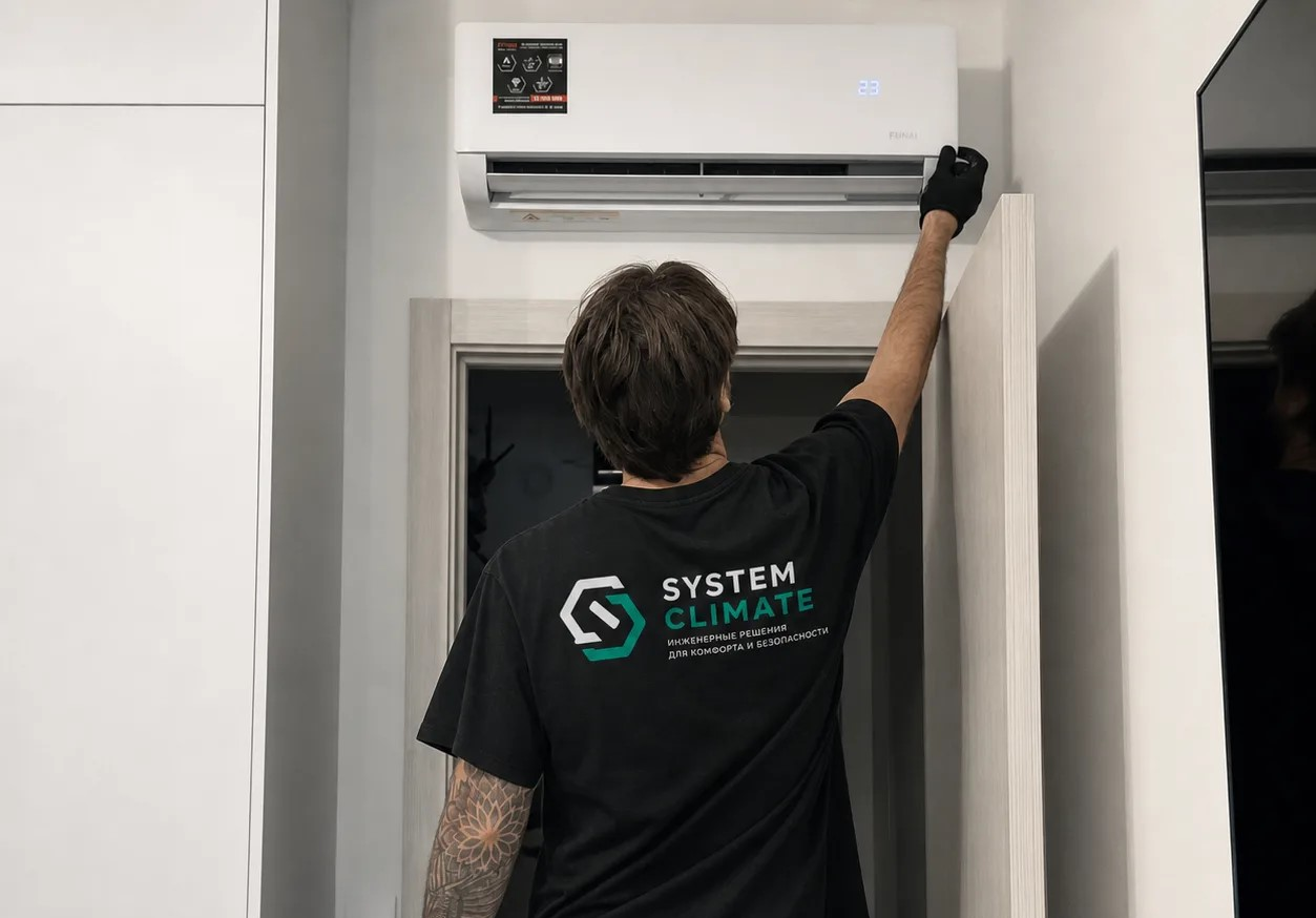 Специалист System Climate устанавливает кондиционер