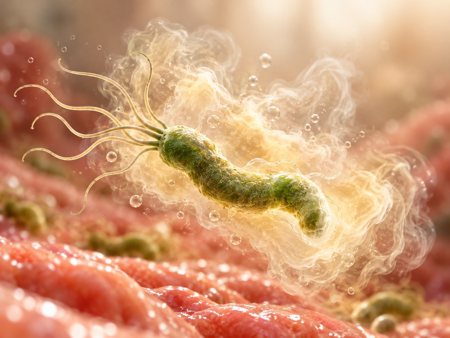 Helicobacter pylori со жгутиками в слое слизи желудка, окруженная защитным облаком