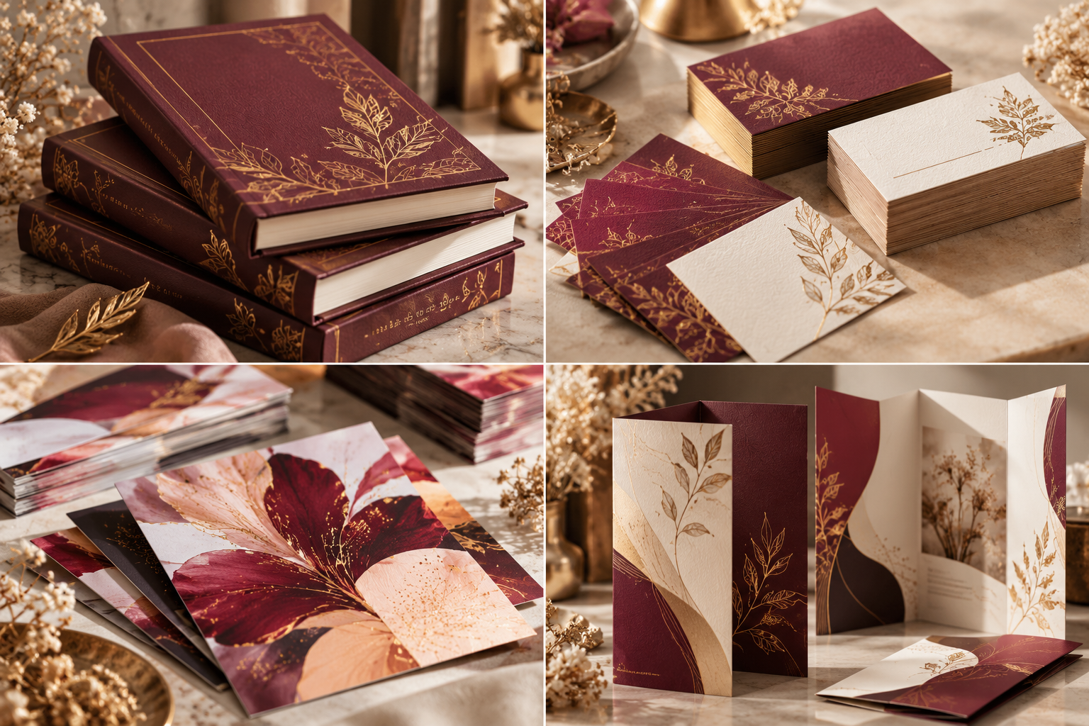 Коллаж из четырёх кадров: бордовые книги с золотым тиснением, визитки, открытки и буклеты