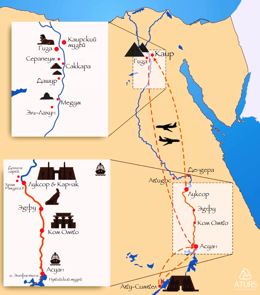Схема маршрута, Загадки Древнего Египта, aturs.ru