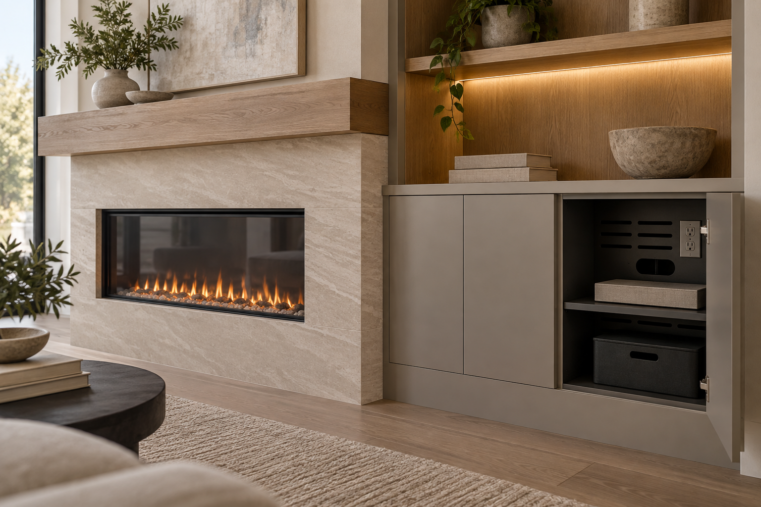 Close view of a porcelain fireplace surround, oak mantel, illuminated wood niche, painted cabinetry, and an open ventilated media compartment with power access.