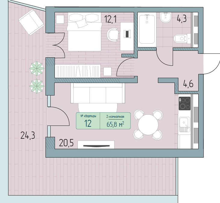 Планировка 2-комнатная 65,8 м²