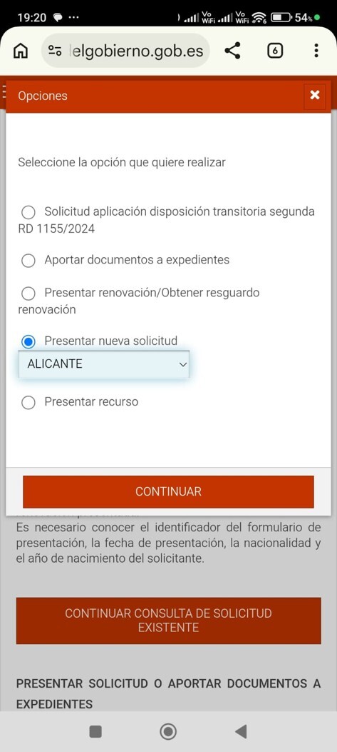 Opciones — Presentar nueva solicitud + provincia