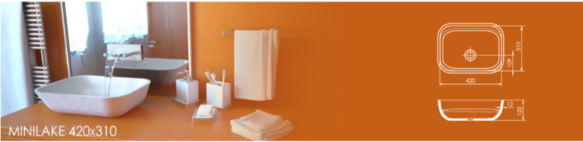 Раковина MINILAKE 420x310 из акрилового камня, размеры: ширина 420 мм, глубина 310 мм, высота борта 120 мм. Компактная прямоугольная форма с закруглёнными углами, схема параметров и монтажа
