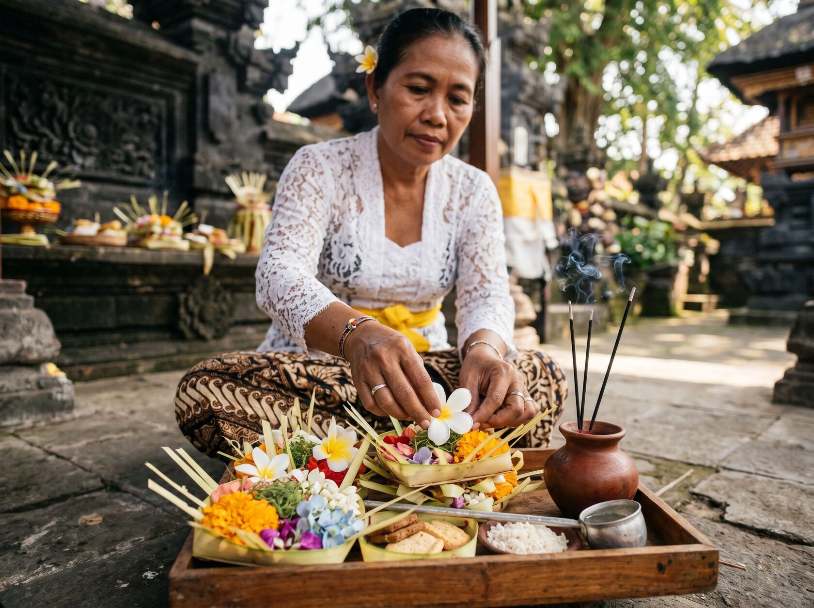 Persiapan sembahyang dan Yadnya dengan pakaian adat Bali