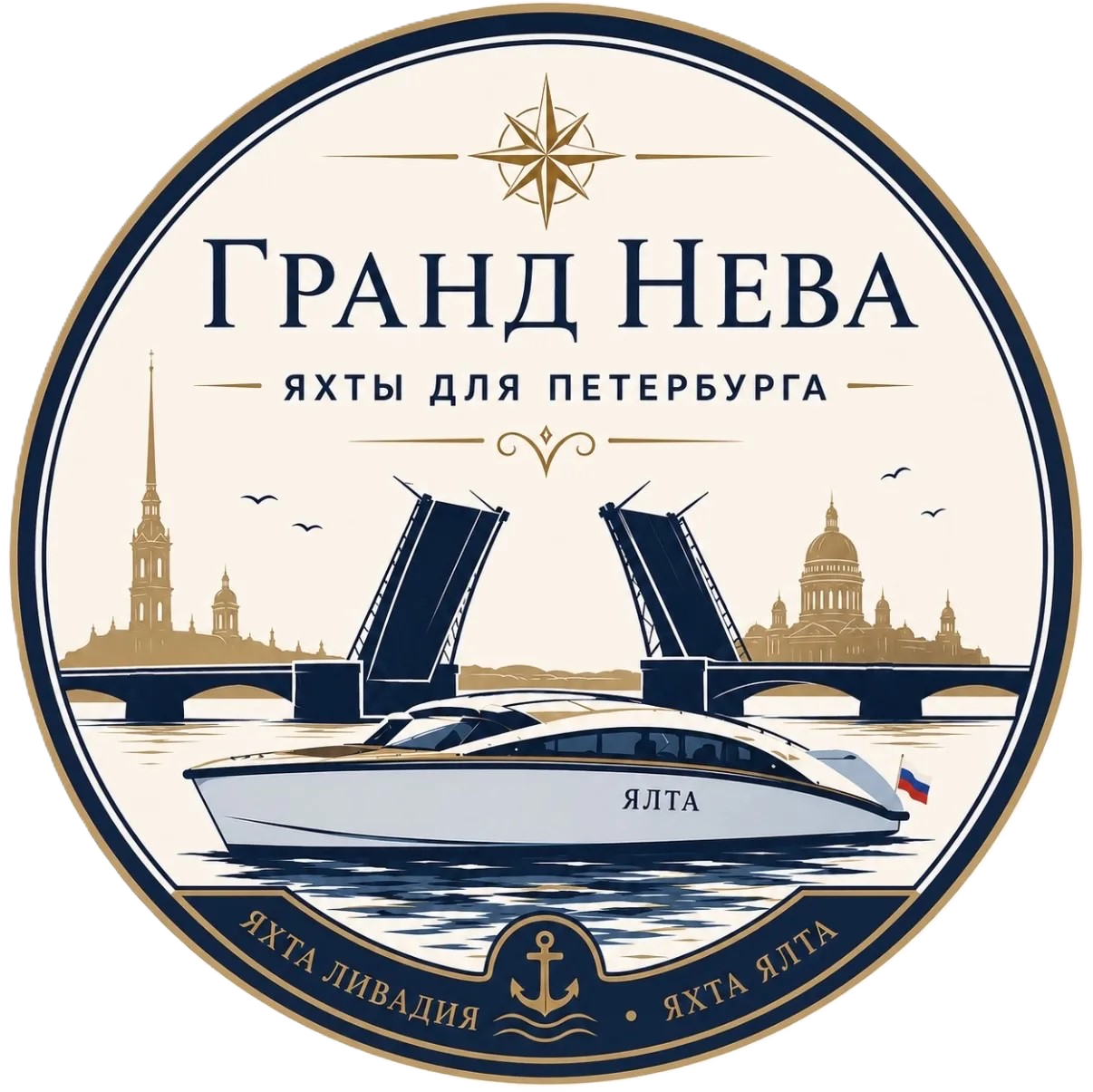 Эмблема яхт-клуба «Гранд Нева» — аренда премиальных яхт «Ливадия» и «Ялта» в Санкт-Петербурге, прогулки по Неве, рекам и каналам.