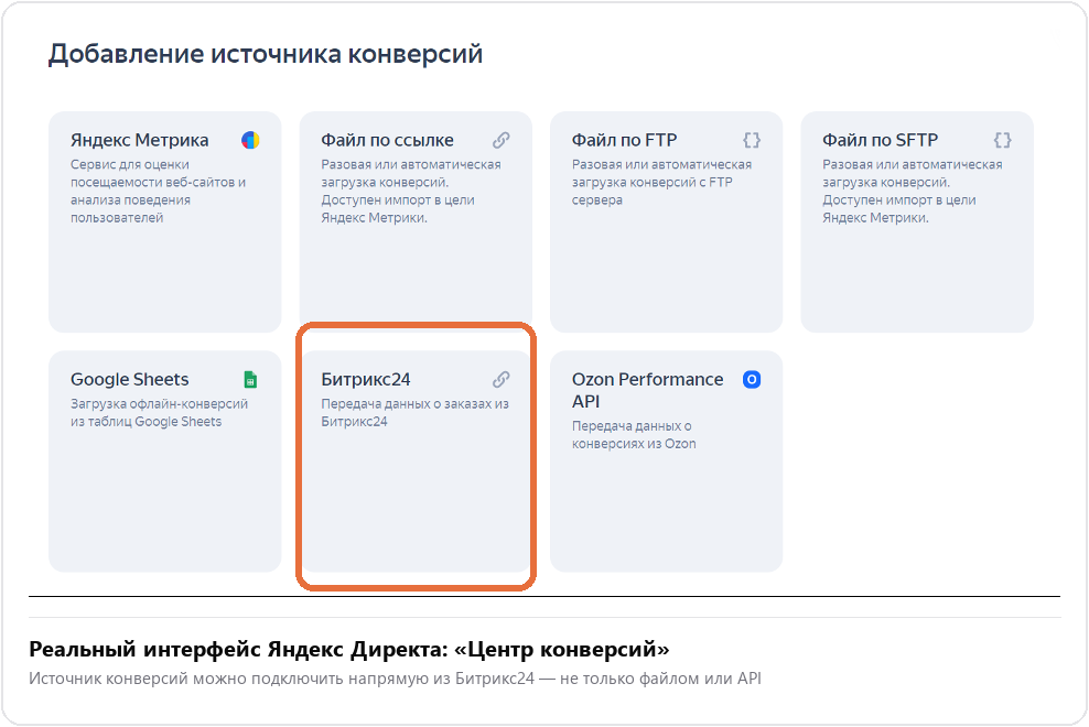Раздел «Центр конверсий» в Яндекс Директе: источники офлайн-конверсий, среди них прямая интеграция с Битрикс24