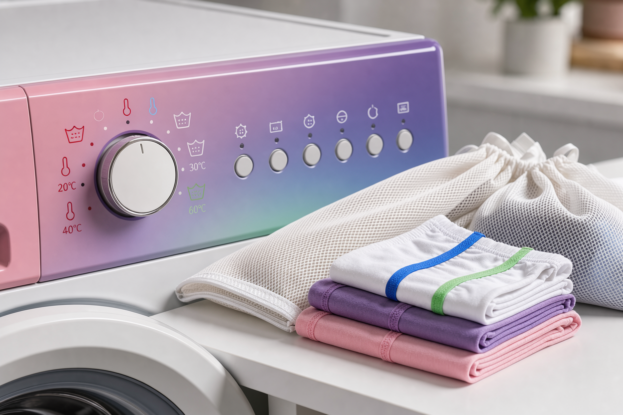 A close-up of a washing machine control panel with program dial and temperature icons, next to mesh laundry bags and folded underwear, no brand names or product packaging
