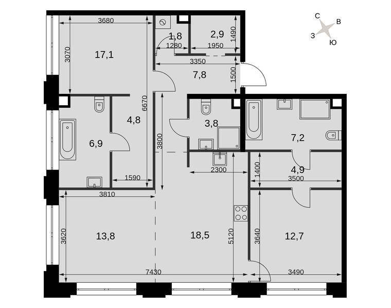 Планировка: 3-комнатная квартира 97,4 м² в ЖК «Сидней Прайм», корпус 3.1, 2-й этаж